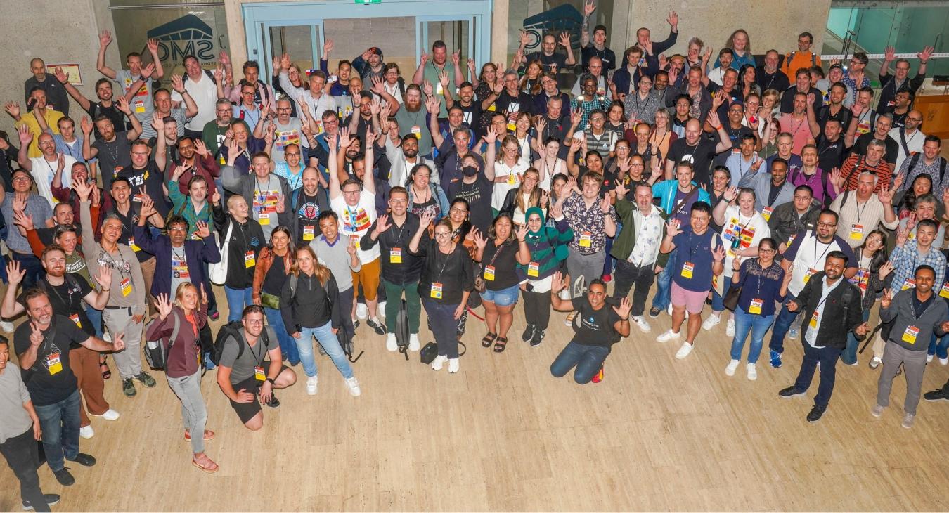 DrupalSouth Group Photo in the Lobby of the Masonic Center in Sydney