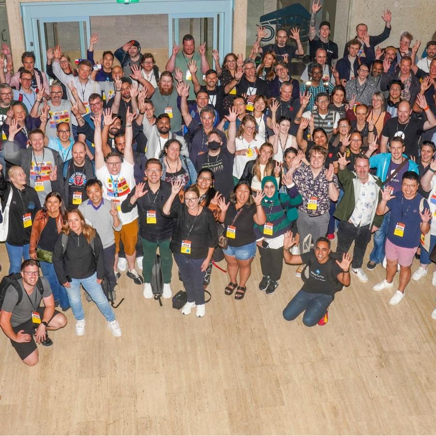 DrupalSouth Group Photo in the Lobby of the Masonic Center in Sydney